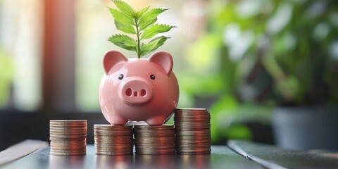 Fototapete - business finance and saving money investment , Money coin stack growing graph with piggy bank saving concept. plant growing up on coin. Balance savings and investment