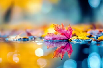 Poster - Vibrant Autumn Leaf Floating on Water Surface with Beautiful Reflections and Colorful Background in Nature's Tranquil Setting