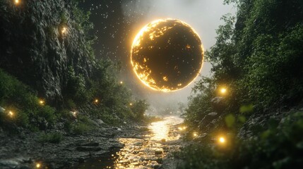Wall Mural - Glowing Orb Over Mystical River