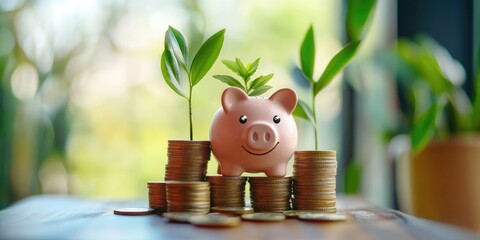 Fototapete - business finance and saving money investment , Money coin stack growing graph with piggy bank saving concept. plant growing up on coin. Balance savings and investment