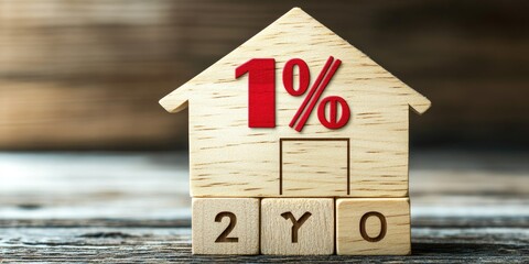 Fototapete - Interest rate financial and mortgage rates concept. Wooden blocks with Icon percentage symbol and arrow pointing up. The economy is improving