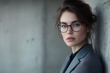 Wall Mural - Portrait of a Confident Woman: A young woman with blue eyes and dark hair, wearing round glasses and a grey blazer, leans against a concrete wall, exuding confidence and sophistication.