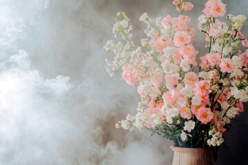Poster - Delicate Pink and White Flowers in a Vase Surrounded by Soft, Ethereal Smoke Creating a Dreamy Atmosphere for Home Decor or Artistic Inspiration
