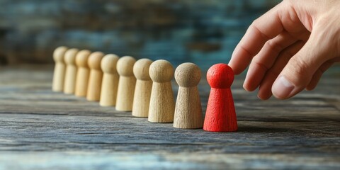 Poster - HR manager hand or Employer chooses takes in hand employee. Leader stands out from crowd. Looking for good worker. HR, HRM, HRD concepts