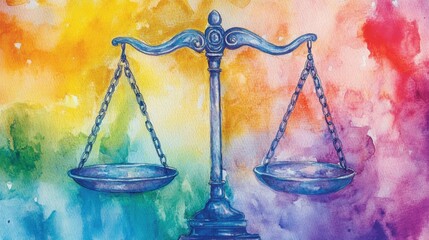 Poster - The Libra scales depicted on a vibrant watercolor gradient, emphasizing balance and harmony in freehand detail.