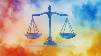 Poster - The Libra scales depicted on a vibrant watercolor gradient, emphasizing balance and harmony in freehand detail.