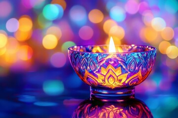 Poster - Beautifully lit candle in vibrant bowl surrounded by colorful bokeh lights creating a magical, serene atmosphere for relaxation and meditation purposes