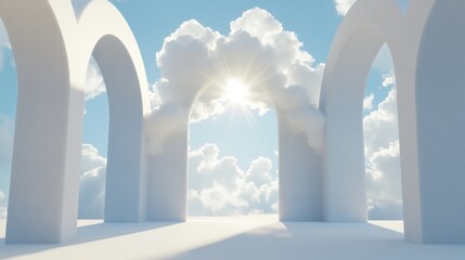 Wall Mural - 3d rendering of beautiful white clouds in curved shape with blue sky background