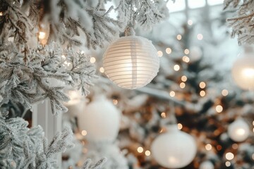 Wall Mural - magical winter wonderland scene with sparkling snowflakes, frosted pine branches, and glowing lanterns casting warm light on fresh snow, ethereal atmosphere