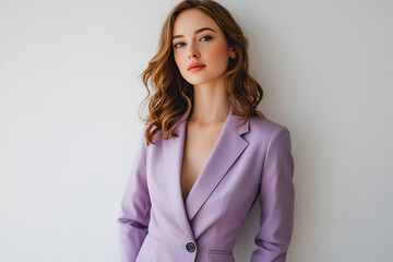 Wall Mural - Confident and Chic: A captivating portrait of a young woman exudes confidence and sophistication in a stylish lavender blazer. Her confident gaze and sleek,  wavy hair radiate strength and poise. 