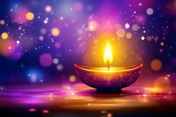 Poster - Beautiful lit candle in traditional bowl against a colorful dreamy background with bokeh lights perfect for festive occasions and celebrations