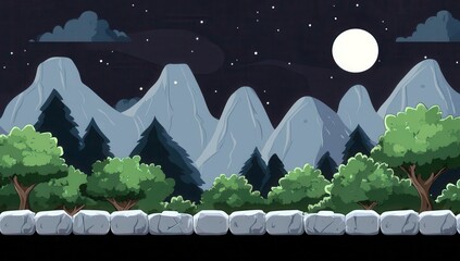 Poster - Serene Night Landscape with Stylized Mountains, Full Moon, Foggy Pines, and Lush Trees in a Calm Animated Style