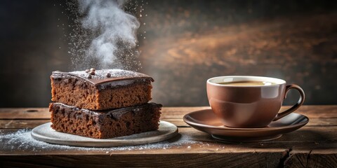 Wall Mural - A steaming cup of coffee sits atop a stack of moist and decadent chocolate cake, with a sprinkle of powdered sugar adding a touch of elegance to the scene , table setting, dessert