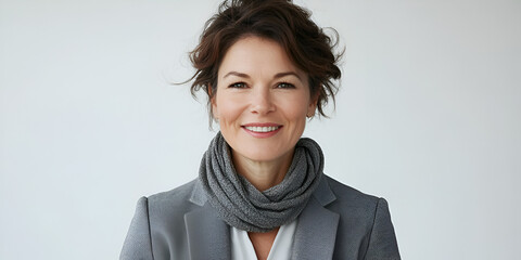 Wall Mural - Confident and Charismatic: A portrait of a mature woman with a warm, engaging smile and confident gaze. Her curly hair frames her face, while a grey scarf adds a touch of elegance.