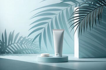 Aufkleber - Clean white cosmetic tube and round jar of cream on podium, shadow of palm leaf on blue wall.