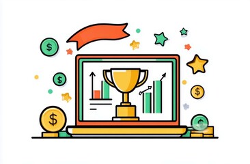 Poster - Digital Success and Achievement Concept with Trophy on Laptop Screen Surrounded by Coins and Stars Representing Growth and Prosperity in Business