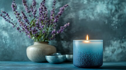 Canvas Print - Lit blue candle with lavender flowers in vase on rustic table.