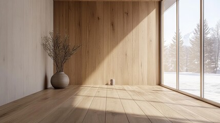 Poster - Empty room with wooden wall and wood floor