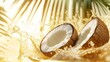 © Chaikit - luxurious coconut oil splash art, dynamic liquid motion, tropical palm fronds, halved coconut detail, golden amber waves, crystalline droplets, ethereal beige gradient, backlit composition, premium