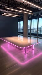 Poster - a futuristic branding session with neon-lit design boards, creative professionals ideating in a tech