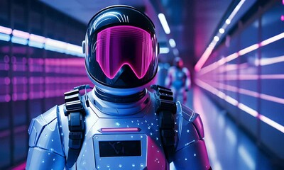 Aufkleber - Astronaut walking futuristic corridor, neon lights, server room background; science fiction film still