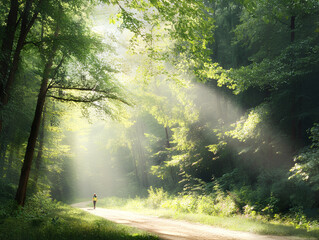 serene forest trail with morning sunlight and peaceful lone hiker