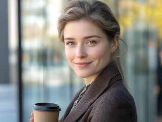 Wall Mural - Confident Businesswoman: A young, attractive businesswoman with a warm smile holds a takeaway coffee cup, exuding confidence and professionalism.  She is stylishly dressed in a brown coat.