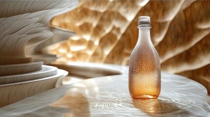 Sticker - Dewy amber bottle sits on sleek surface.