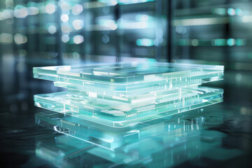 Wall Mural - close up horizontal abstract illustration of glowing transparent glass geometric layers