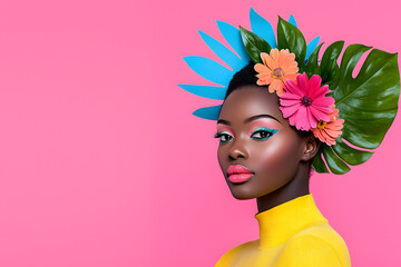 African woman with wreath of flowers and leaves modern fashion portrait