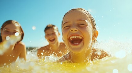 Wall Mural - Three girls embrace the ocean's refreshing waters, a captivating summer scene 