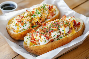 Wall Mural - Two potato wedges with bacon and cheese on top