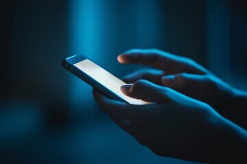 Point finger on screen phone closeup, person testing test message, touch blue screen on smartphone. Night Bokeh Light. Close-UP. Person using in hands mobile phone close up in the dark. Online wi-fi