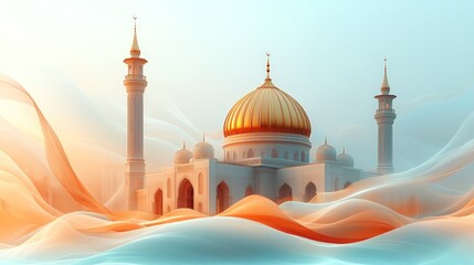 Wall Mural - Golden-domed mosque, ethereal fabric, serene landscape.