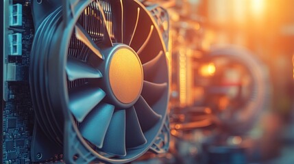 Poster - Close up of a computer cooling fan with a soft orange glow, showcasing a technology component