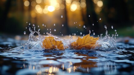 Wall Mural - Autumn leaves splashing in water, sunset bokeh.