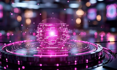 Poster - Futuristic data sphere glowing on platform, technology background