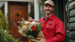 © syhin_stas - Happy man of flower delivery service in uniform stands near door of house and in hands beautiful bouquet of flowers.Sale, online order of flowers for Valentine's Day, Mother's Day, Birthday, Wedding