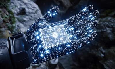 Aufkleber - Futuristic robotic hand, glowing circuits, dark cave background, technology concept