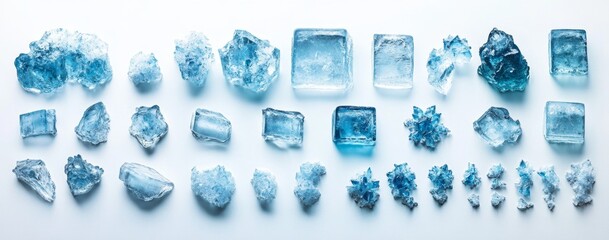 Blue crystals assorted shapes, studio shot, white background, product display
