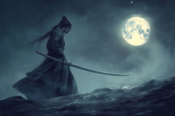 Samurai walks under the moonlight with katana in hand, a mystical and evocative scene of ancient Japanese warrior culture