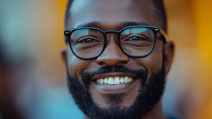 Wall Mural - Smiling man with glasses showcasing joyful expression