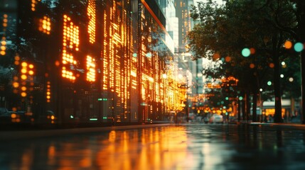 Wall Mural - Vibrant cityscape at dusk with reflections on wet pavement and glowing lights in the background