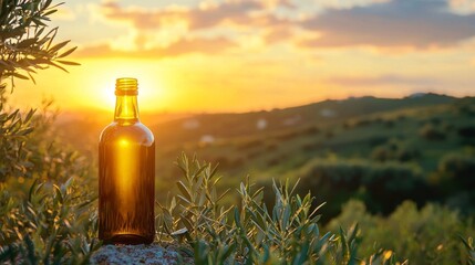 Poster - Golden sunlight cascades over a serene olive grove, casting warm hues across rolling hills. A rustic bottle stands proudly, framed by lush foliage as day transitions to night