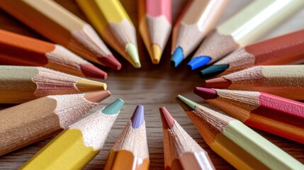 Wall Mural - Colored pencils circle wood table; back to school art supplies