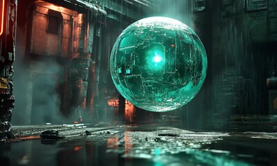 Aufkleber - Futuristic sphere in decaying city, glowing core, science fiction background, ideal for video game asset