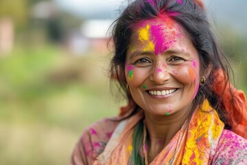 young nepali woman with vibrant holi powder colors decorating her face, joyful expression, traditional festival celebration