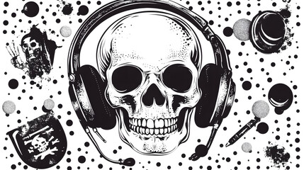 Poster - Haunting Skull with Headphones Digital for Dark Music and Horror Concepts