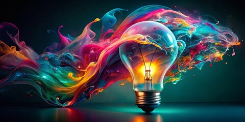 Wall Mural - Eureka Moment: Vibrant Liquid Paint & Glowing Lightbulb Double Exposure