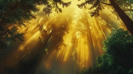 Wall Mural - ethereal morning sunbeams pierce through misty ancient forest canopy golden light filtering through towering evergreens creating dramatic rays and shadows on forest floor